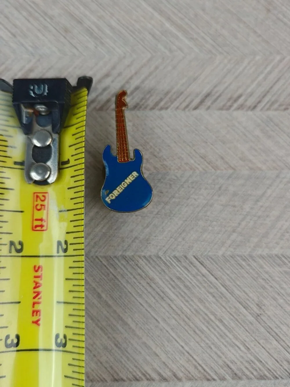 Vintage Foreigner Lapel Pin Guitar-Shaped Enamel Metal 1980s Blue & Gold